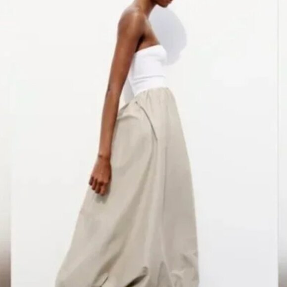 NEW Zara Strapless Tube Top White Beige Balloon Maxi Dress Size Small - Picture 3 of 3